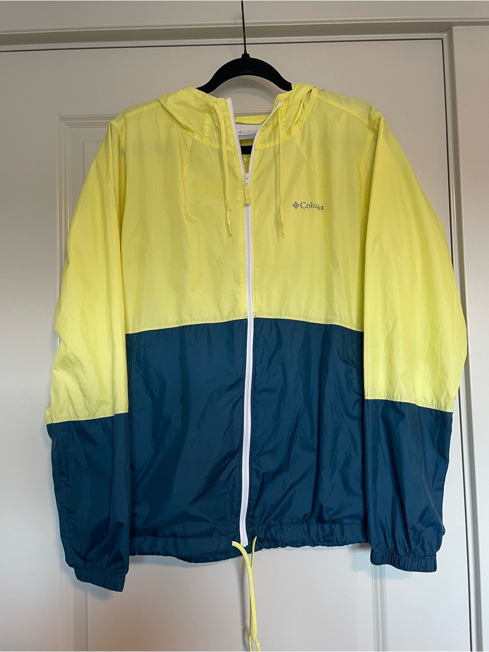 Columbia Yellow and Navy Hooded Colorblock Jacket